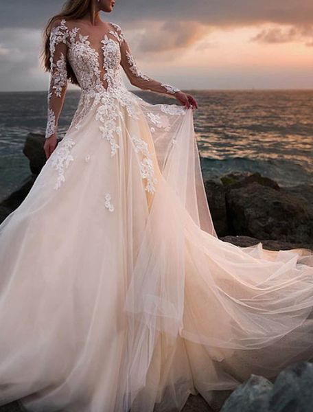 Abito da sposa da spiaggia 2023 A-Line manica lunga collo gioiello Appliques in pizzo Abiti da sposa trasparenti Estate Boho Robe De Mariage