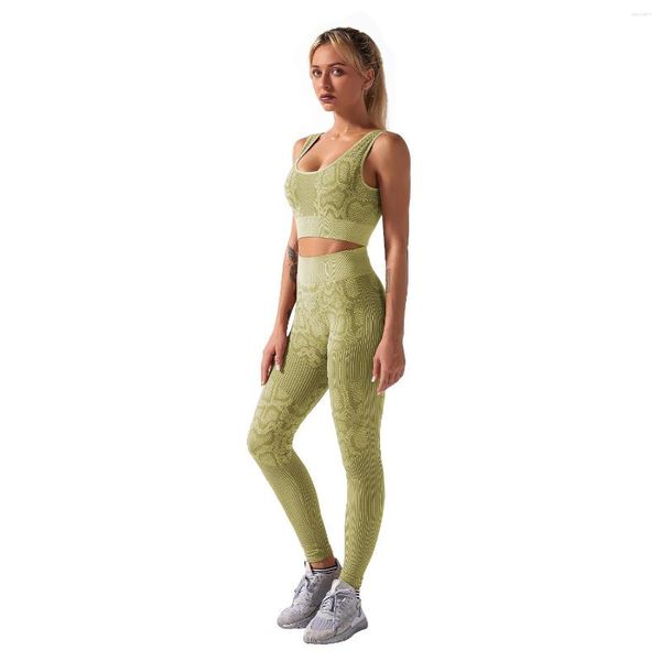 Pantaloni da donna a due pezzi Set da donna Athletic Gym Wear Tute sportive con stampa serpente 2023 Giallo Fitness Crop Top Leggings Pantaloni della tuta Abiti da allenamento