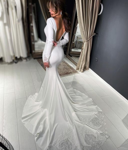 Satin Hochzeit Kleid Für Frauen 2023 Elegante Lange Ärmel Oansatz Meerjungfrau Brautkleid Backless Einfache Sexy Robe De Mariee