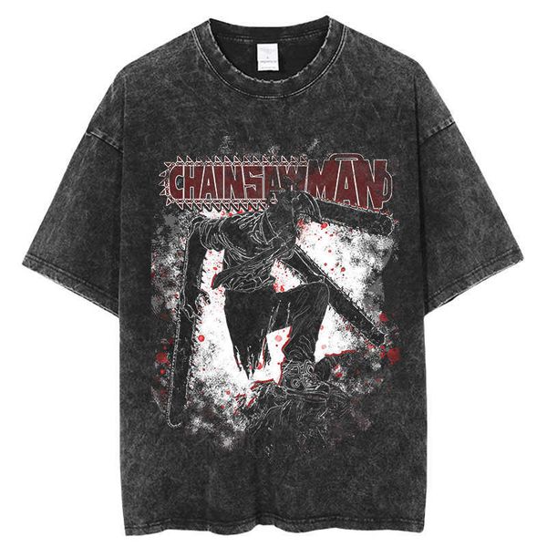 Herren T-Shirts Vintage gewaschene T-Shirts Chainsaw Man Anime T-Shirt Harajuku übergroß
