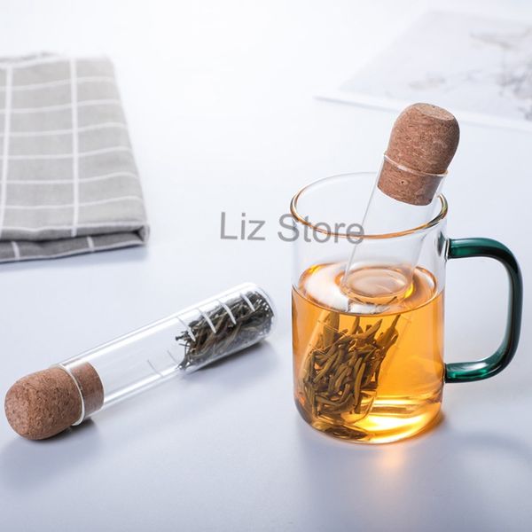 Filtri per tè in vetro trasparente Infusore per tè a forma di tubo con sughero in legno Filtri per spezie a base di erbe Strumento per infusore per tè resistente al calore TH0662
