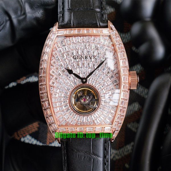 Lüks Saatler V2 Gül Altın Cintree Curvex 8880 Baget Elmas Tourbillon Otomatik Mekanik Erkekler Pave Elmasları İzle Deri Kayış Bents Hollwatches