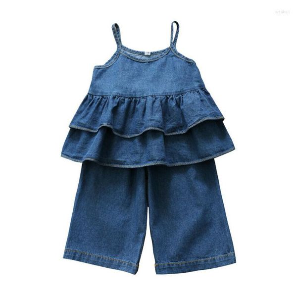 Roupas conjuntos de roupas de moda criança roupas de jeans de menina de verão de verão sem mangas de mangas de boxufa mini vestido longo calça 2pcs