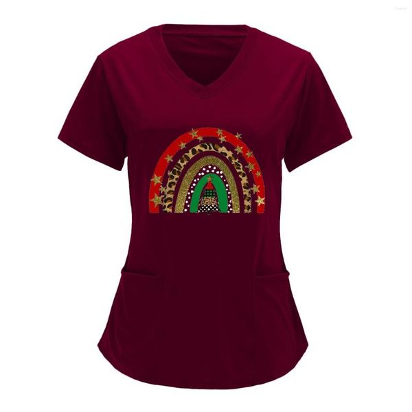 Damen-T-Shirts, einfarbig, Overall, teilweise Positionierung, Weihnachtsdruck, kurzärmelig, kleines langes Hemd