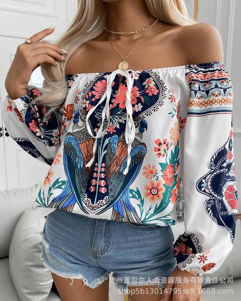 Bloups feminina camisas de pássaro floral estampa fora do ombro Mulheres de manga comprida Slash pesco