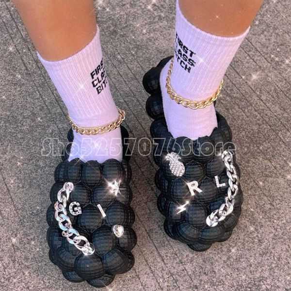 Hausschuhe Hohe Qualität Blase Ball Mädchen Strass Anhänger Designer Rutschen Damen Kreative Flache Erwachsene Sandalen Strand Schuh Y2302