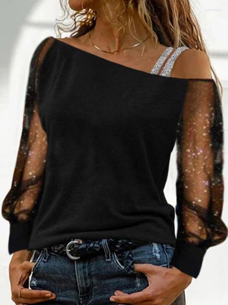 Blusias femininas verão colar de gola sólida de colarinho fora do ombro Mulheres de malha preta costura de mangas compridas camisetas casuais top lieved