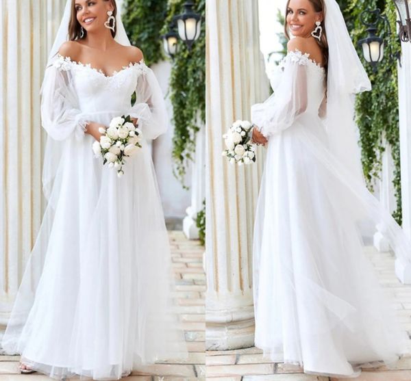 A-Linie Brautkleid 2023 Lange Puffärmel Schulterfrei Tüll Spitze Applikationen Brautkleider Frühling Robe De Mariage