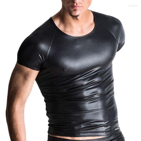 Мужские рубашки сексуальные имитации искусственная кожа мужчина черная рубашка с коротким рукавом гей смешная футболка с плавной танцевальной одеждой