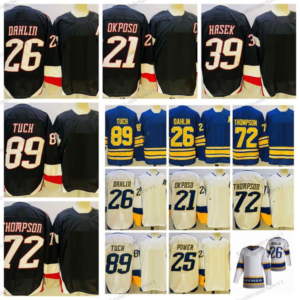 Mens 2022 Reverse Retro 26 Rasmus Dahlin Maglie da hockey New Black 21 Kyle Okposo 72 Tage Thompson 89 Alex Tuch 39 Dominik Hasek 25 Owen Power Stitched Camicie Blu