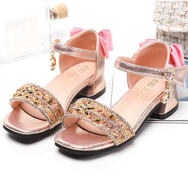 Sandálias Big Girls Sandálias Cristal Princesa sapatos 2022 Novo verão Rhinestone Kids Sandals for Girl High Heels Party Dance Sapatos CSH990 R230220