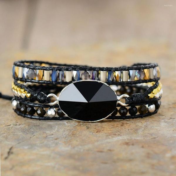 Braccialetti avvolgenti in filo nero con pietra naturale piramide di onice cristalli perline tripla dichiarazione braccialetto vegano bijoux gioielli bohémien