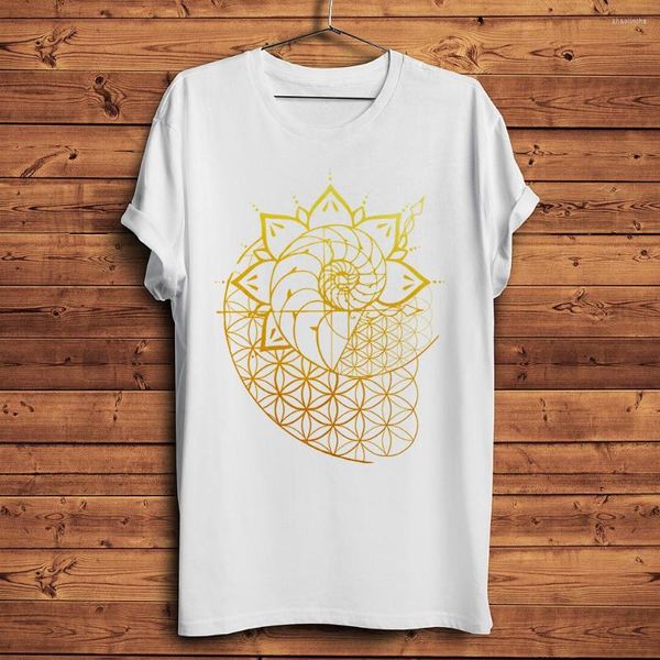 Herren-T-Shirts, geometrische Fibonacci-Linien, Ammoniten-Mandala, lustiges Geek-T-Shirt für Männer, weißes Kurzarm-Freizeithemd, Unisex, Geeker-Streetwear