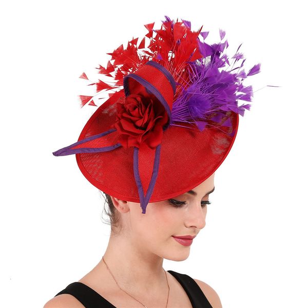 Haarspangen Haarspangen Eleganter lila und roter Feder-Fascinator Hochzeit Braut Haarspange Hut für Party Cocktail Kopfbedeckung Dame Blumenmuster Kopfbedeckung 230302