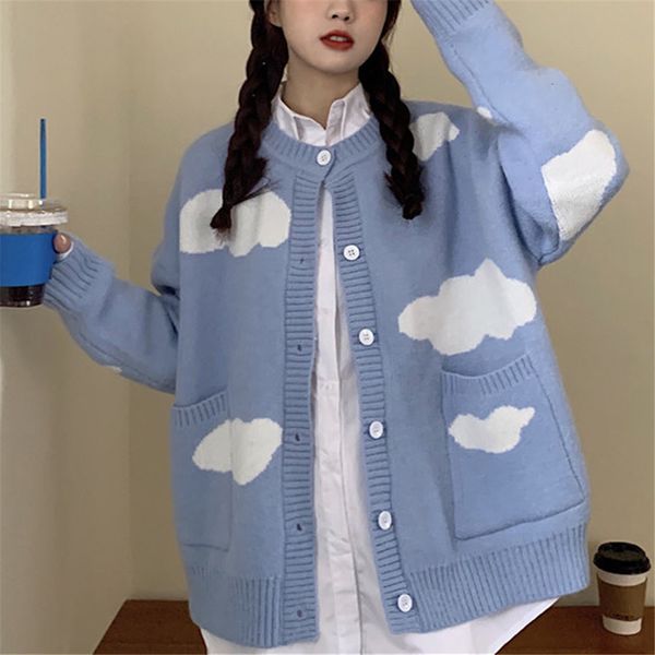 Kadın Örgüleri Tees Bulut Mavi Kadın Tatlı Hırka Kış Sonbahar O-Boğuş Düğmesi Uzun Kollu Okul Kız Tepeli Stil Örgü Ceket Sokak Giyim 230302