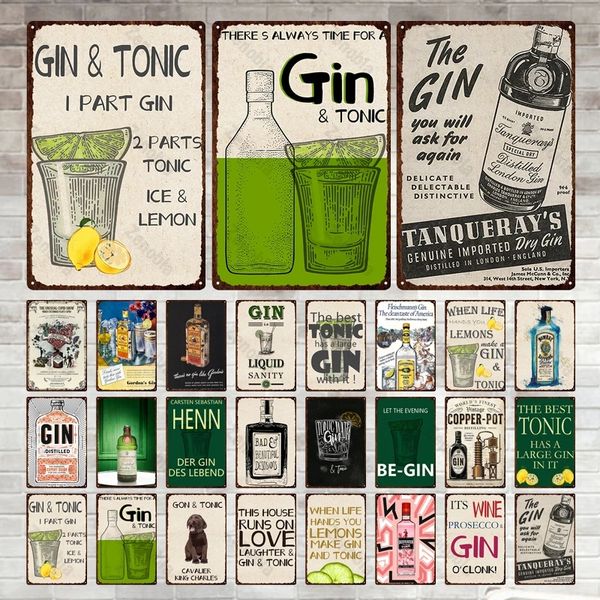 Arte da parede Decoração de gim Gin Brand Vintage Wine Tin Sign Placa de álcool de metal para casa de cozinha em casa Club de pub homem caverna decoração Decoração 30x20cm W03