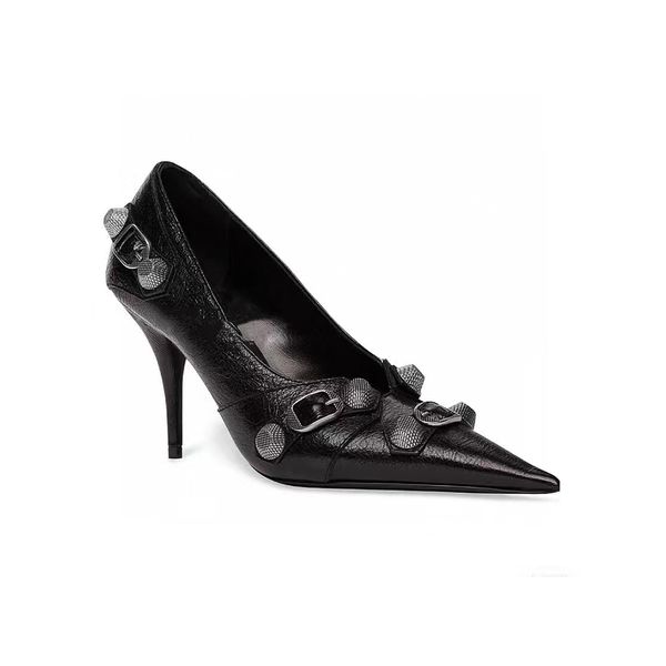 Lambskin deri saplama tokası pompalar ayakkabı sivri ayak parmağı deri kayma üzerinde stiletto topuk elbise ayakkabıları uzun boylu lüks tasarımcılar kadınlar için ayakkabı fabrika ayakkabı