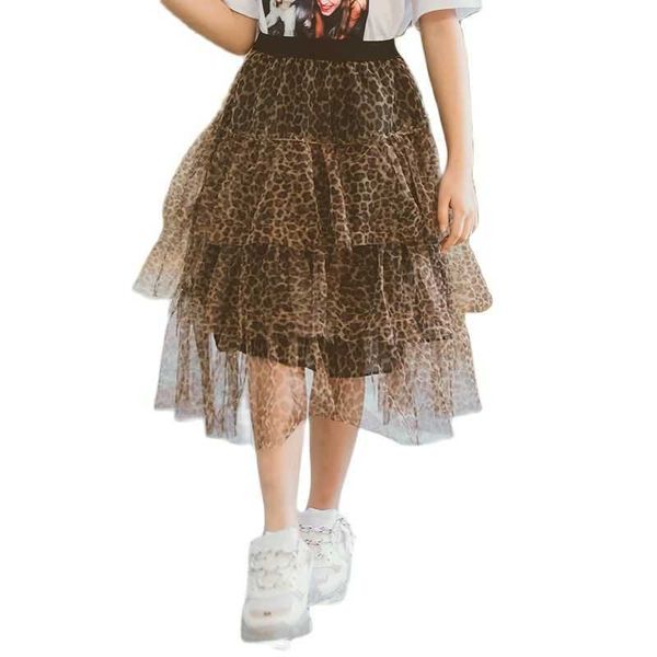 Saias 4-12ys moda leopard adolescente saia tutu kids menina princesa mesh festa dança balé tutu saias de tule skirt long plus size thael t230301