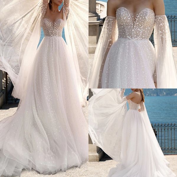 Beach Boho Abito da sposa Sweep Train A-Line Manica lunga senza spalline Tulle Bow 2023 Abiti da sposa Sexy paillettes Robe De Mariee