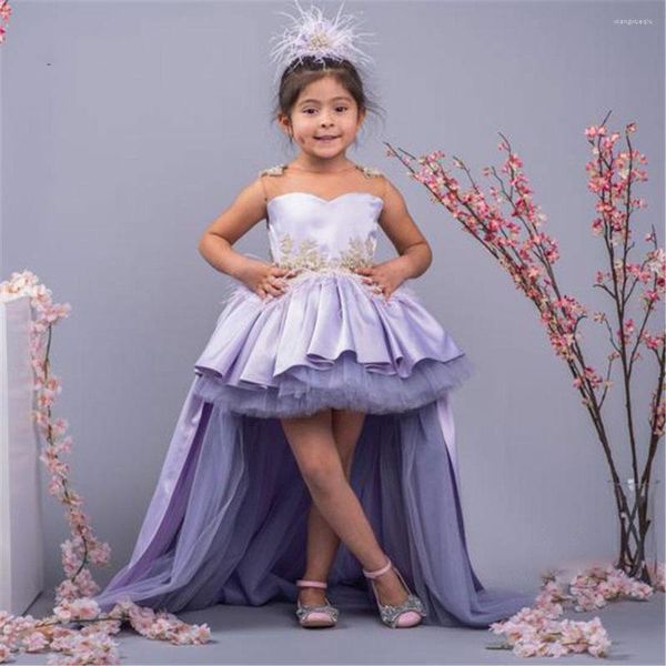 Mädchenkleider Fliederfarbenes Hi-Low-Blumenkleid Puffy Princess für Mädchen Süßes kleines Party-Stickerei-Erstkommunionkleid