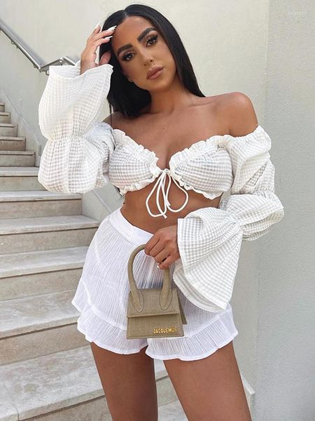 Bloups feminina Mulheres Buff de manga longa da blusa de ombro Fahion Sexy Backless Party Club Crop Tops 2023 Autumn férias Festival Clothing