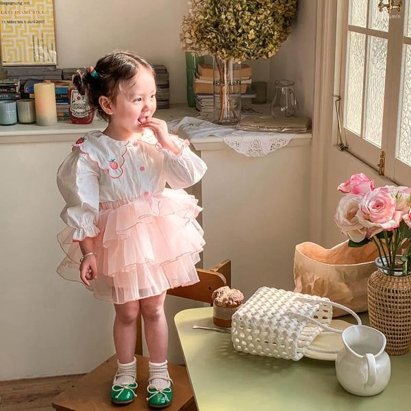 Giyim Setleri Çocuklar 2023 Moda Çocuklar Pembe Çilek Gömlek Tatlı Sevimli Mesh Gezzet Etek İki Parça Set Bahar Elbise