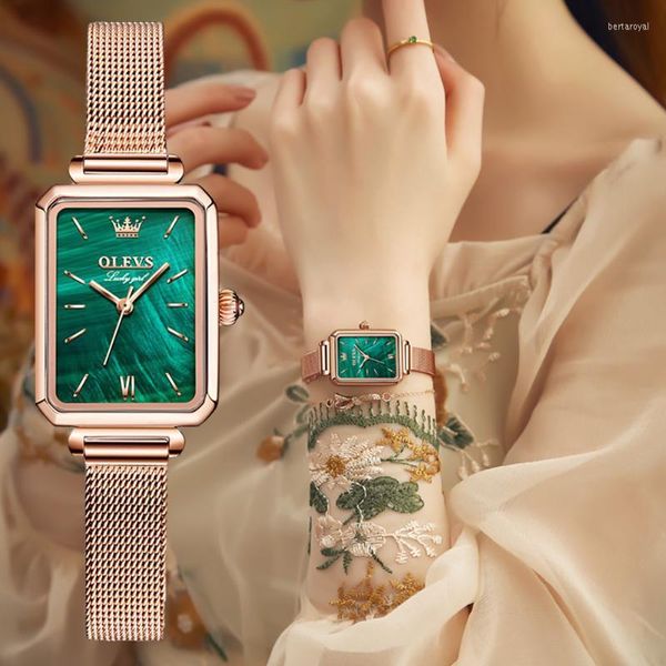 Orologi da polso Orologi da donna di marca Orologio da donna al quarzo quadrato di moda Quadrante verde Semplice orologio da polso in oro rosa con maglie di lusso Orologio da polso