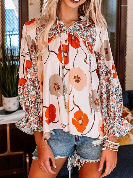 Blusas femininas khalee yose laranja blusa de estampa floral laranja camisa de punhal bufled primavera outono feminino de lanterna longa lanterna vintage ladies chiques