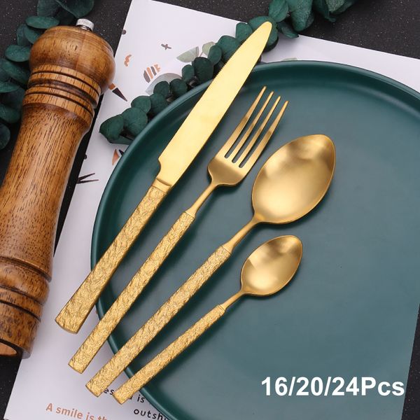 Conjuntos de utensílios de jantar 162024 talheres de ouro de ouro pichese utaxless tableware de mesa preta colher faca conjunto de utensílios de cozinha sliverware 230302