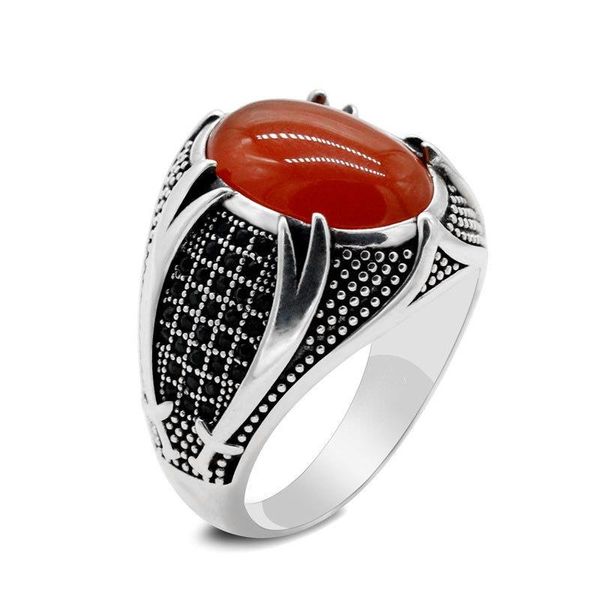 Ringos de cluster Retro Luxo Red Stone Red Punk For Men Turkish Vintage Crown Large Garra Ring Ring Fashion Trend Banquet Jóias