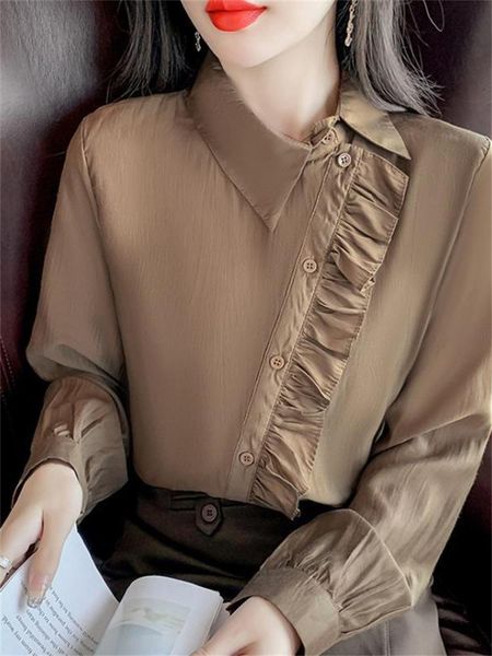 Bloups feminina camisas moda Botão oblíqua com manga longa de manga longa estilo coreano Blusa de pulôvera de cor sólida Roupa casual Spring su Su SU