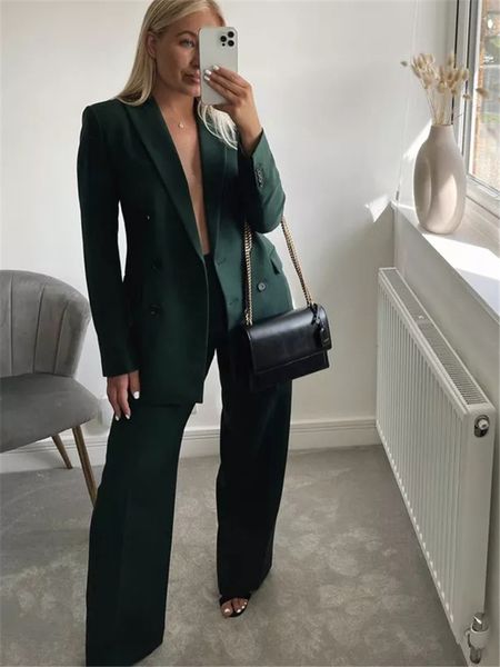 Kadınlar Suits Blazers Kadın Zarif Koyu Yeşil Düz Blazer Suits Sonbahar Kadın Katı Temel Eşleştirme Seti Bayanlar Orta Bel Pantolon Suit 230302
