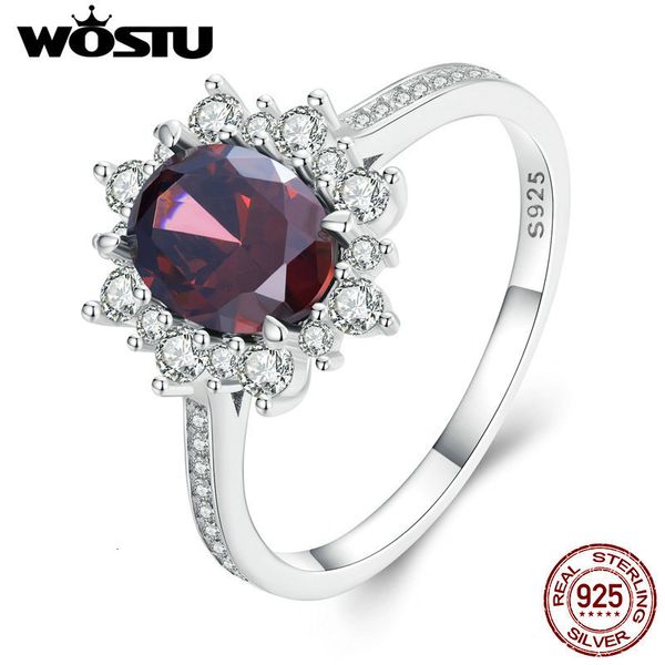 Eheringe Wostu 925 Sterling Silber Big Stone Fire Rotkristall Ehering für Frauen klare CZ Top -Qualität S925 Rings Party Schmuck Geschenk 230302