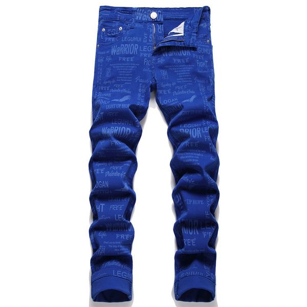 Jeans da uomo Jeans da uomo estivi blu stampa digitale pantaloni a vita media elasticizzati slim hip hop streetwear 230302