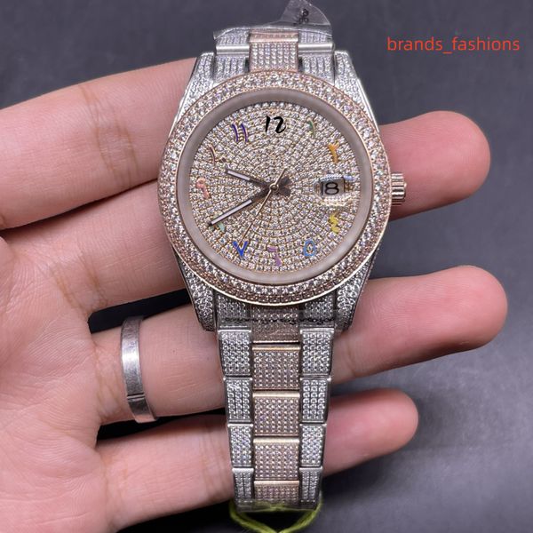 Orologi da uomo Full-iced Out Diamond Orologio da polso Diamond Hip-hop Trend Watch Orologi meccanici automatici con lunetta in diamante a 2 toni