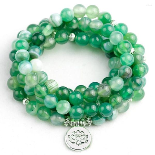 Strand Natural Green Stripe Onyx Stone Beades con Lotus Buddha Charm Pendent Bracciale Boho 108 Collana donna Goccia di gioielli