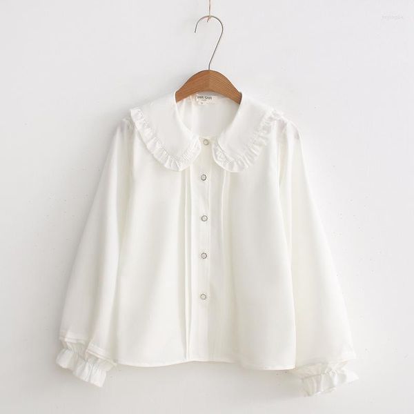 Camicette da donna Camicia a maniche lunghe con collo a bambola da donna Ruffle White Japanese Cute Lolita Camisas Mujer Goccia di moda coreana