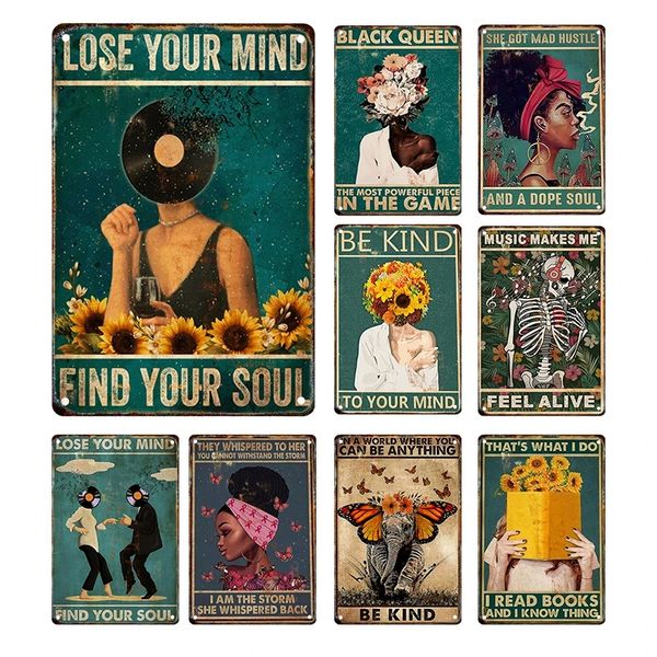 „Lose Your Mind“-Kunstgemälde, Blechplakat „Find Your Soul“, Musik-Blechschild, Retro-Nostalgie-Metallplakat, inspirierendes Zitat, Kunstdrucke, Vintage-Dekoration für Mädchen, Größe 30 x 20 cm, w02