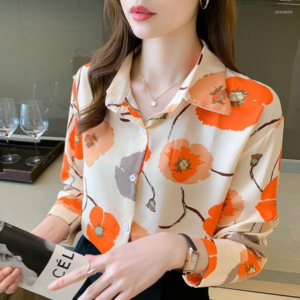 Женские блузки 2023 Весенний осенний с длинным рукавом цветочный принт шифоновый рубашка Женская повседневная пуговица вверх по отводе