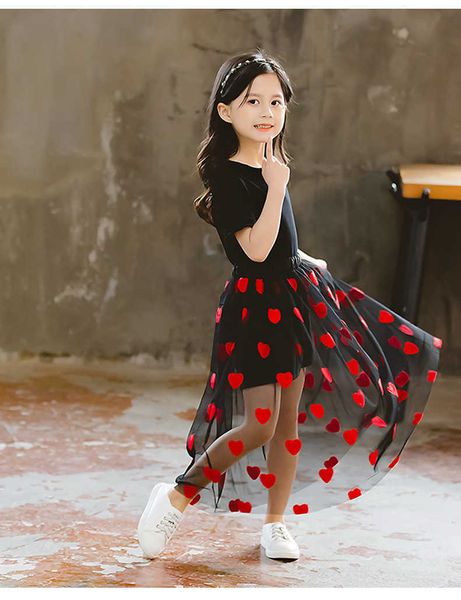 Heart Embroidered Maxi Tutu Skirt for Teenage Girls - Black Tulle Belly Dance tulle midi skirt for Summer - Children's Clothing T230301