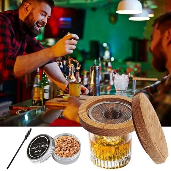 Novo 10 pçs/lote Bar Tools Cocktail Whisky Smoker Kit com 8 Sabores Diferentes Frutas Aparas de Madeira Natural para Bebidas Acessórios de Bar de Cozinha Ferramentas Atacado bb0302