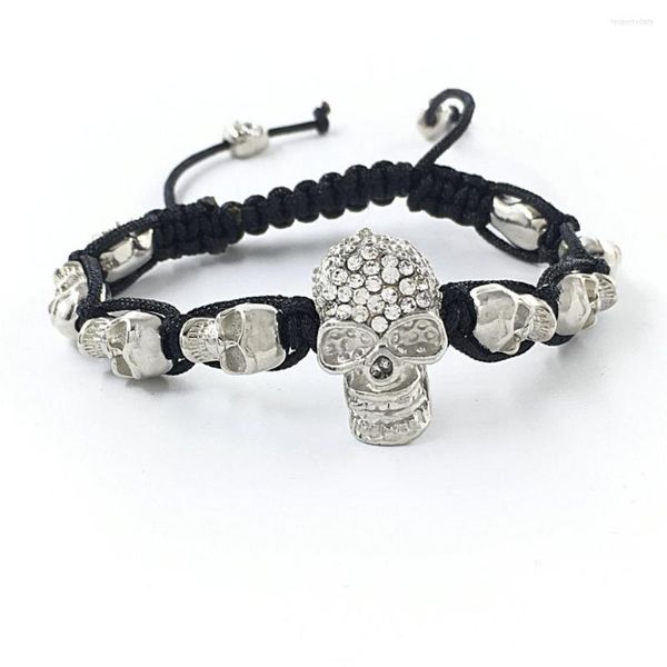 Strand 5PCS Bracciale da donna con strass in metallo con teschio Corda intrecciata a mano nera 24 14MM