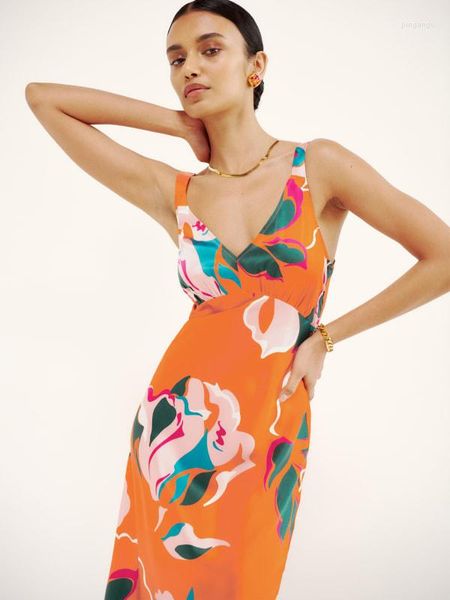 Lässige Kleider Mode Frauen ärmelloses Kleid mit Blumendruck V-Ausschnitt helle Farbe passende Sommerkleidung Club Street Style Orange S M L