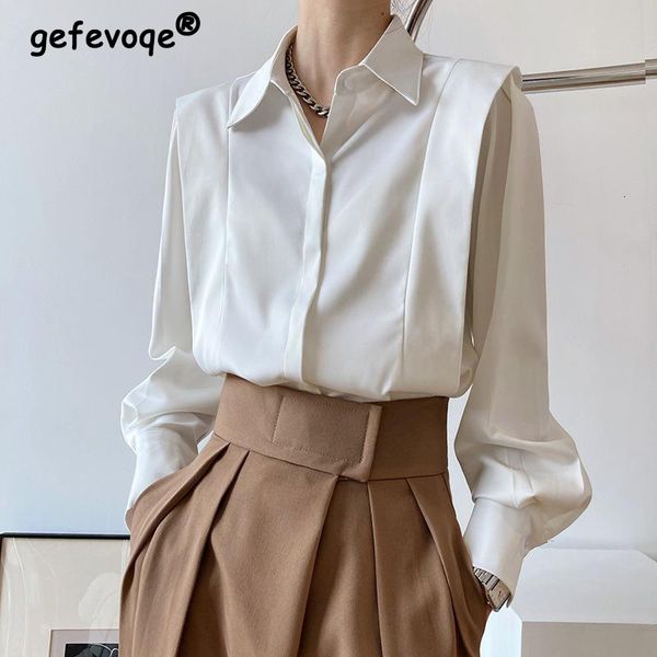 Camicette da donna Camicie Vintage Raso Elegante Chic Office Lady Camicia abbottonata Moda Nero Bianco Manica lunga Business Casual Camicette Top Donna Blusas 230302