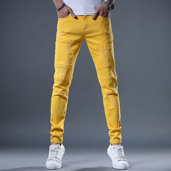 Мужские джинсы желтые красные белые джинсы Мужские модные стройные брюки летняя уличная одежда разорванная патч джинсовые брюки 230302