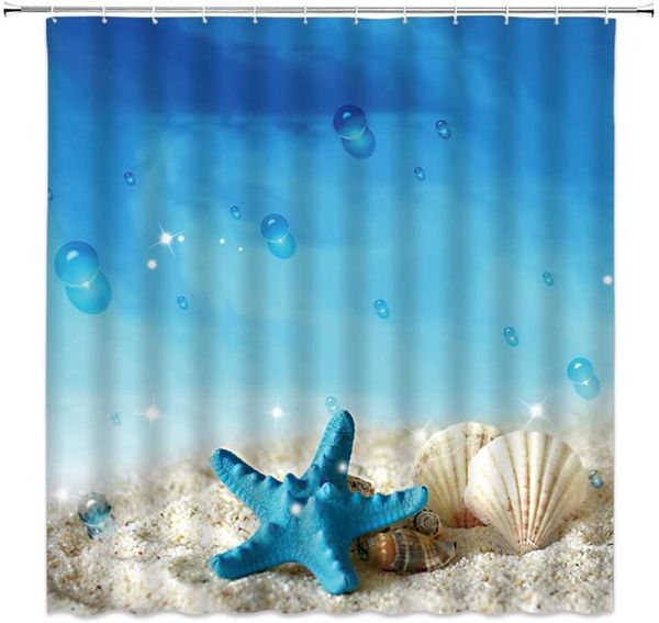 Tende da doccia Ocean Beach Scenery Blue Bubble Starfish e Shell Pattern Bathroom Decor Set di tende sospese in tessuto di poliestere