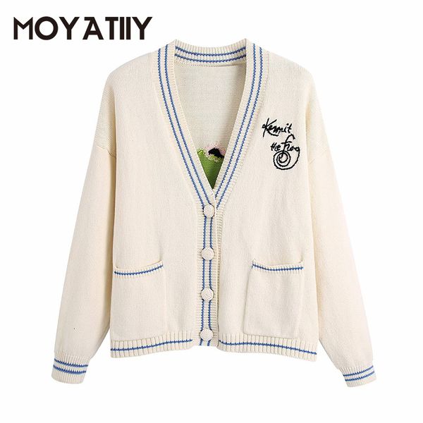 Mulheres Malhas Tees Moyatiiy Moda Mulheres Primavera Outono Cardigan Bonito Bordado Dos Desenhos Animados Sapo Parttern Suéteres Kintted Feminino Tops 230302