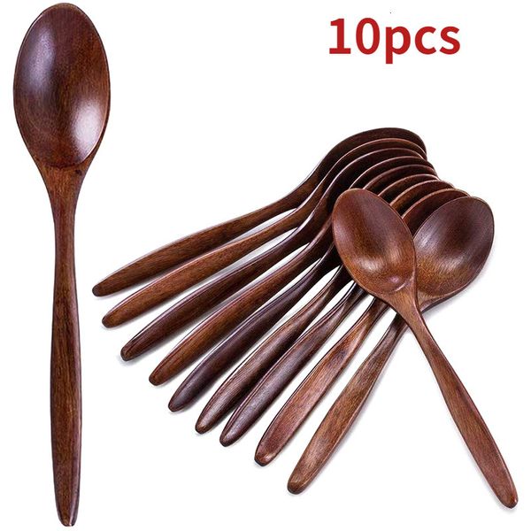 WoodenTableware Natural Soup Spoons- 10 PCS Long Handle Set for Cooking & Eating