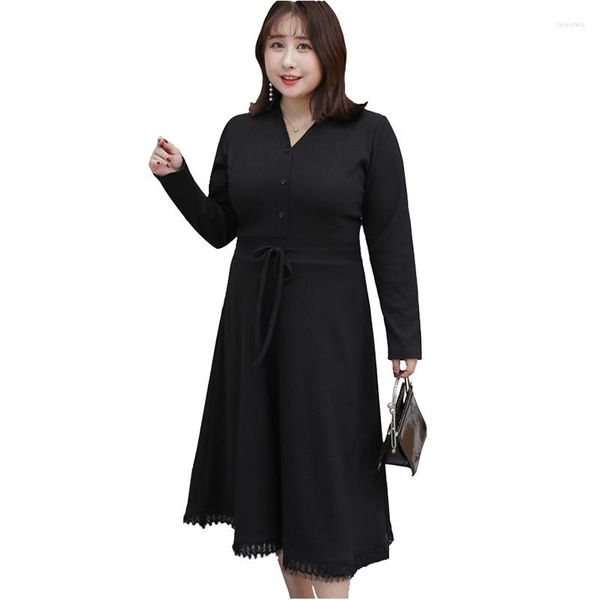 Casual Kleider 2023 Frauen Frühling Herbst Strickkleid Hohe Qualität V-ausschnitt Lange Ärmel Spitze Splice X-lange Schwarz Vintage weibliche G853