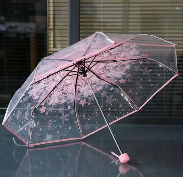 100 pz trasparente trasparente ombrello maniglia antivento 3 volte ombrello fiore di ciliegio fungo Apollo Sakura donna ombrello da ragazza SN5160